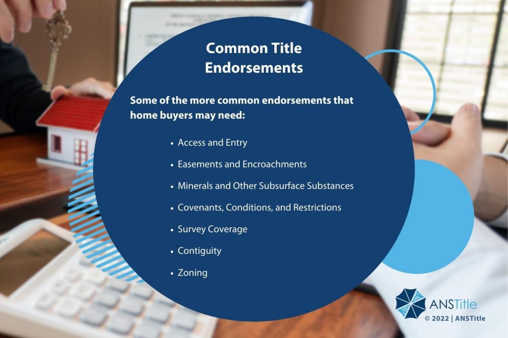 Callout 2 - Consultation with agent holding house key at desk - Common title endorsements - 7 types listed